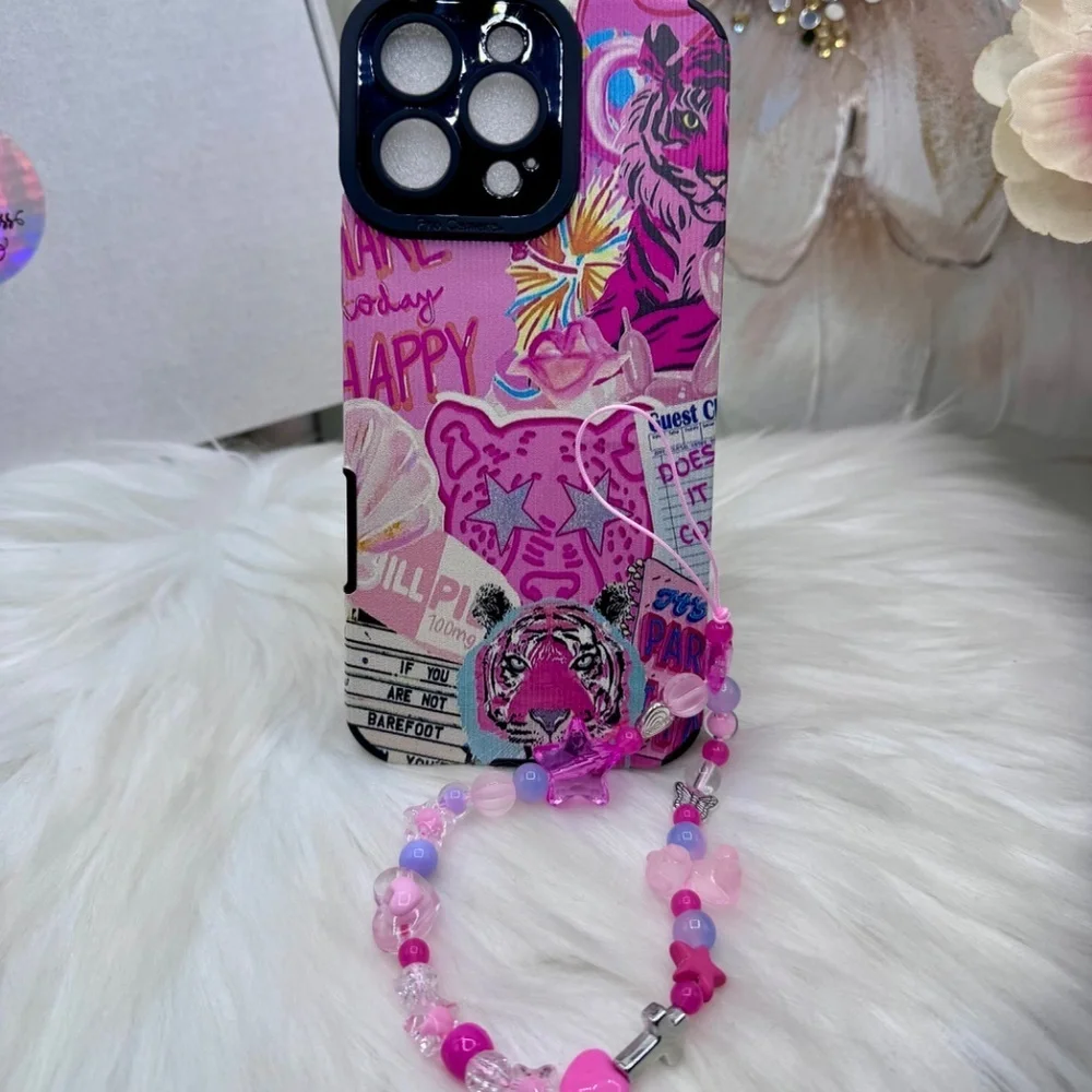 Vibrant Pink Tiger Graphic Themed iPhone 16 Pro Max Case with pink Beaded Strap